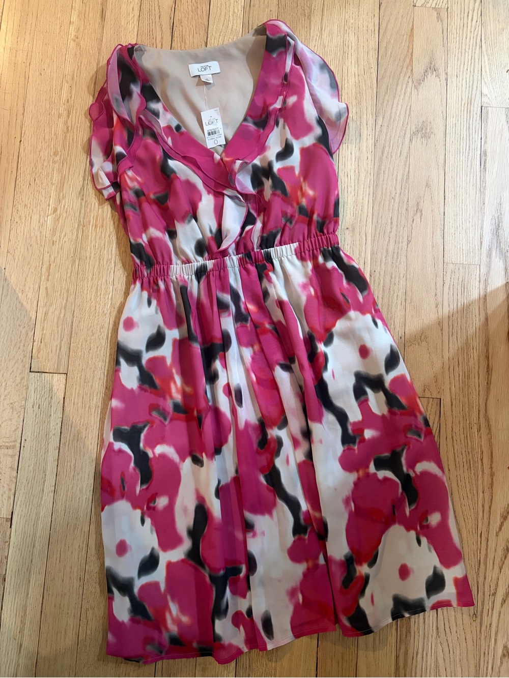 LOFT Hot Pink and Black Floral Faux-Wrap Dress